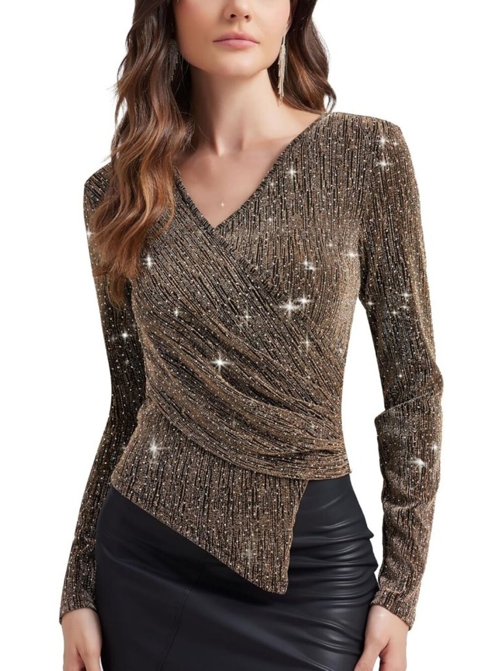 Women's Gold Yellow V Neck Glitter Sparkly Blouse Long Sleeve Cocktail Party Top